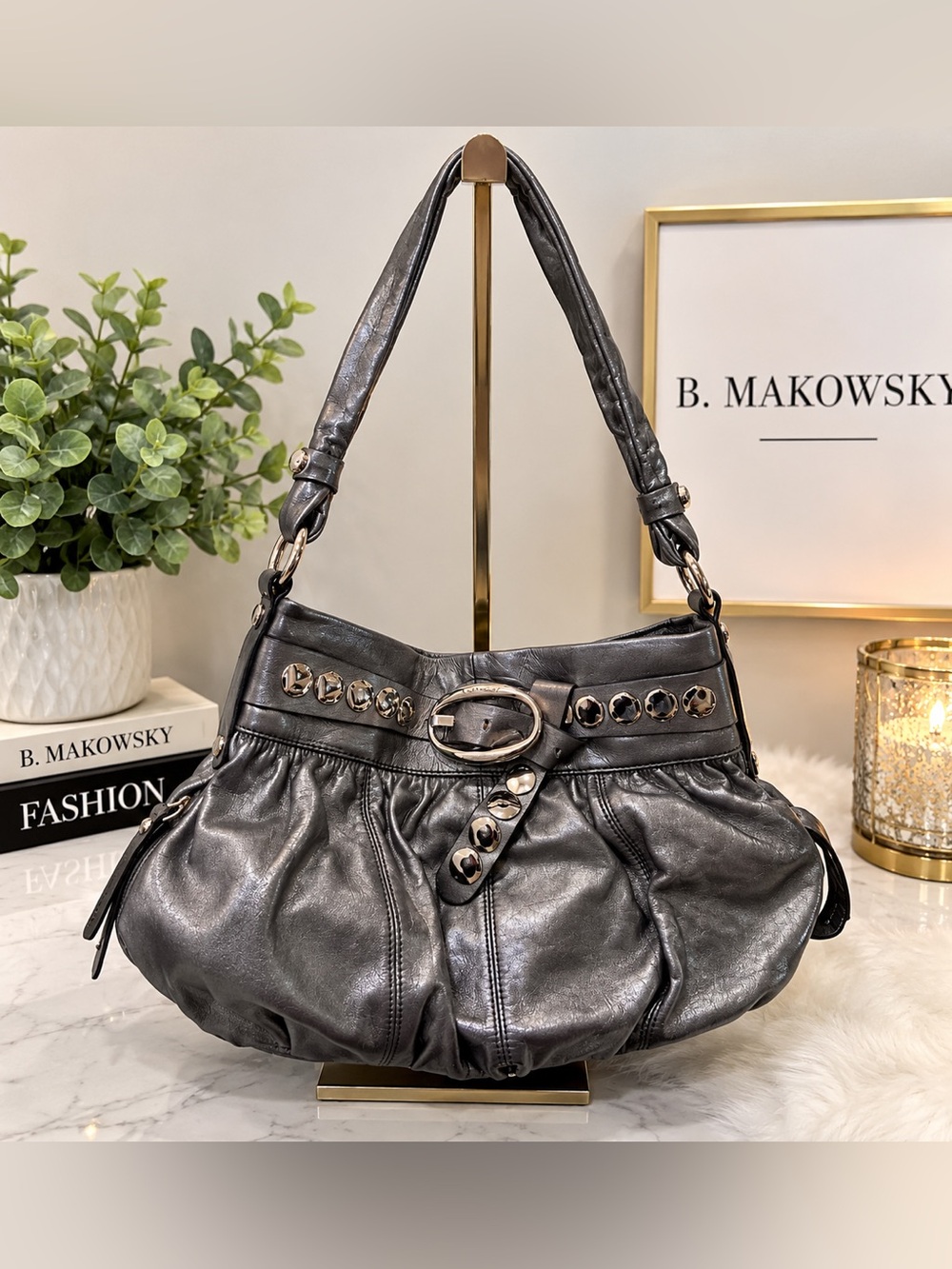 B. Makowsky Pewter Metallic Leather Studded Hobo Bag